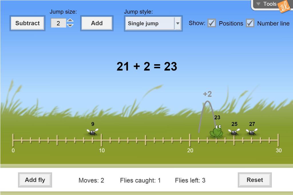 Screenshot of Number Line Frog Hop (Addition and Subtraction) Gizmo