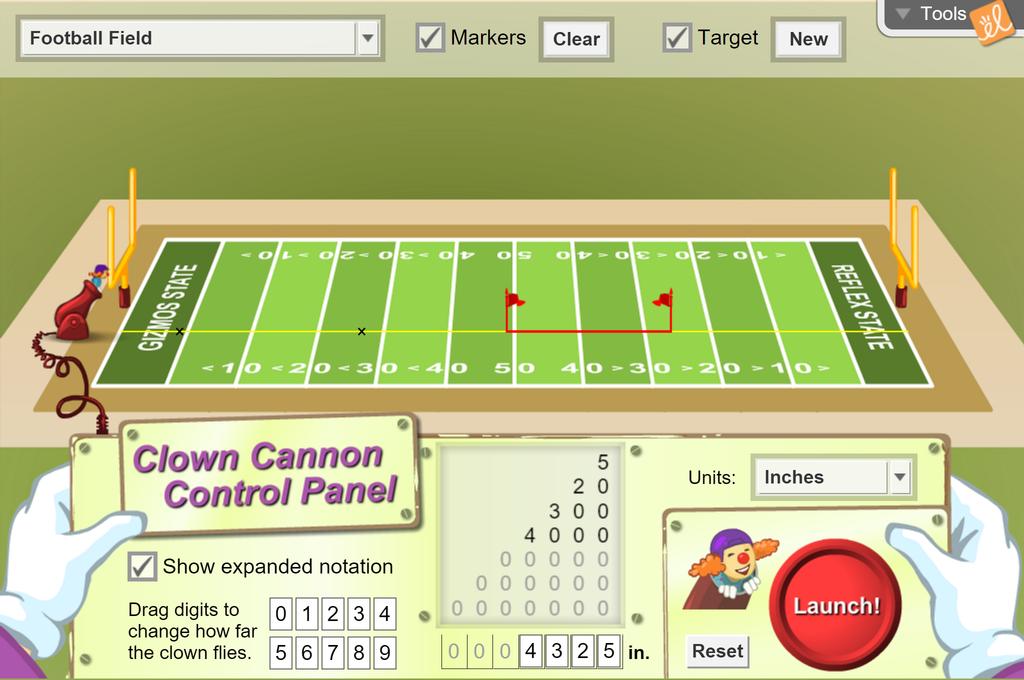 Screenshot of Cannonball Clowns (Number Line Estimation) Gizmo
