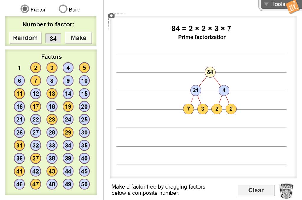 Screenshot of Factor Trees (Factoring Numbers) Gizmo