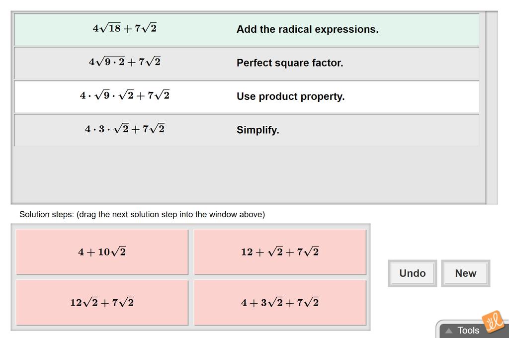 Screenshot of Operations with Radical Expressions Gizmo