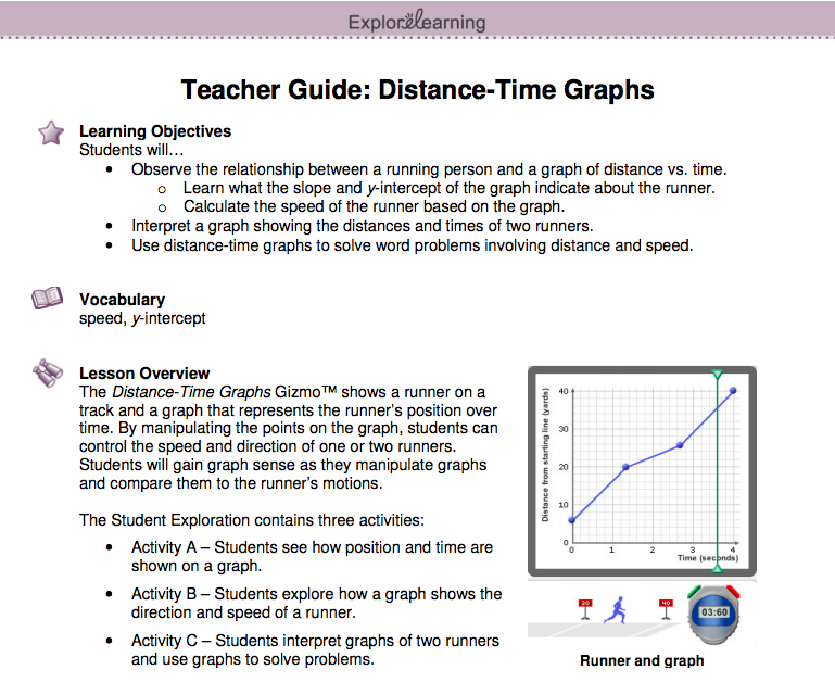 Screenshot of the Time-Distance Graph Gizmo's Teacher Guide