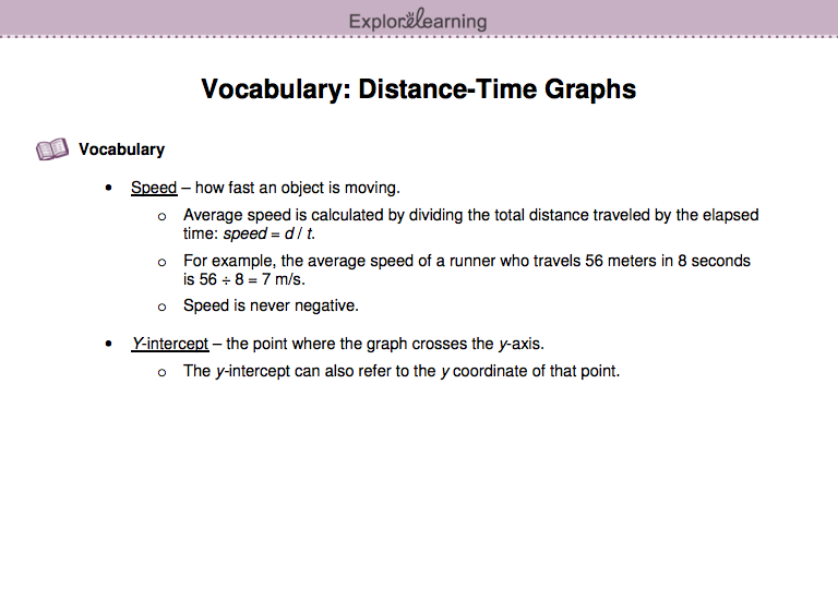 Screenshot of the Time-Distance Graph Gizmo's Vocabulary Sheet